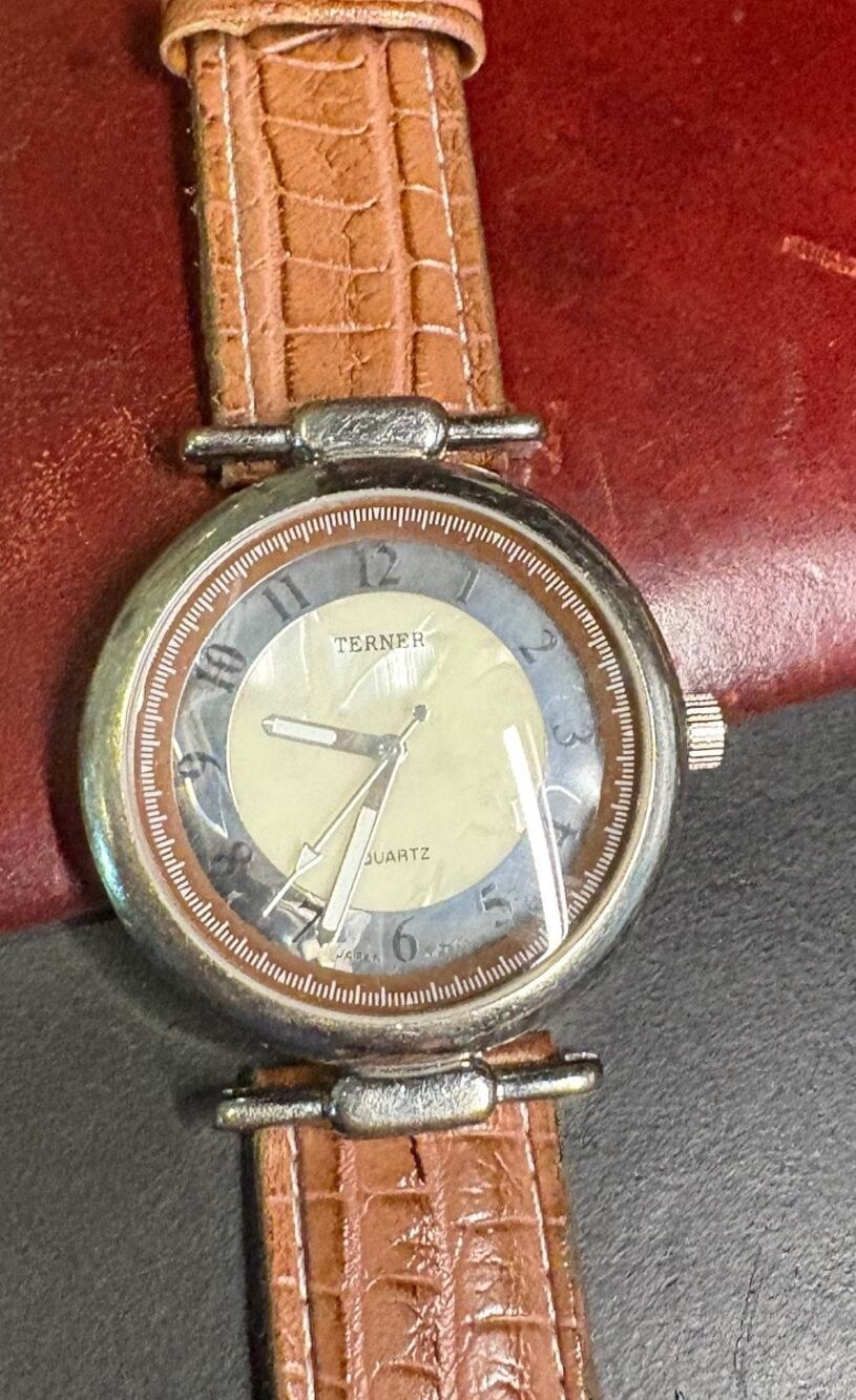Unisex 40mm Bijoux Terner Watch, Silver Tone with MOP Face, Light Brown Band